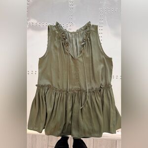 LOFT Olive Green Ruffle Tie-Neck Sleeveless Peplum Top
